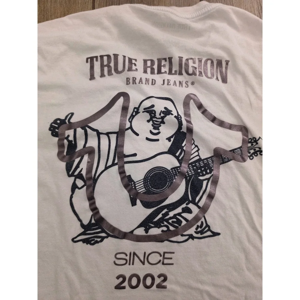 True Religion Mens White Buddha Graphic T-Shirt Medium Metallic Horseshoe Logo